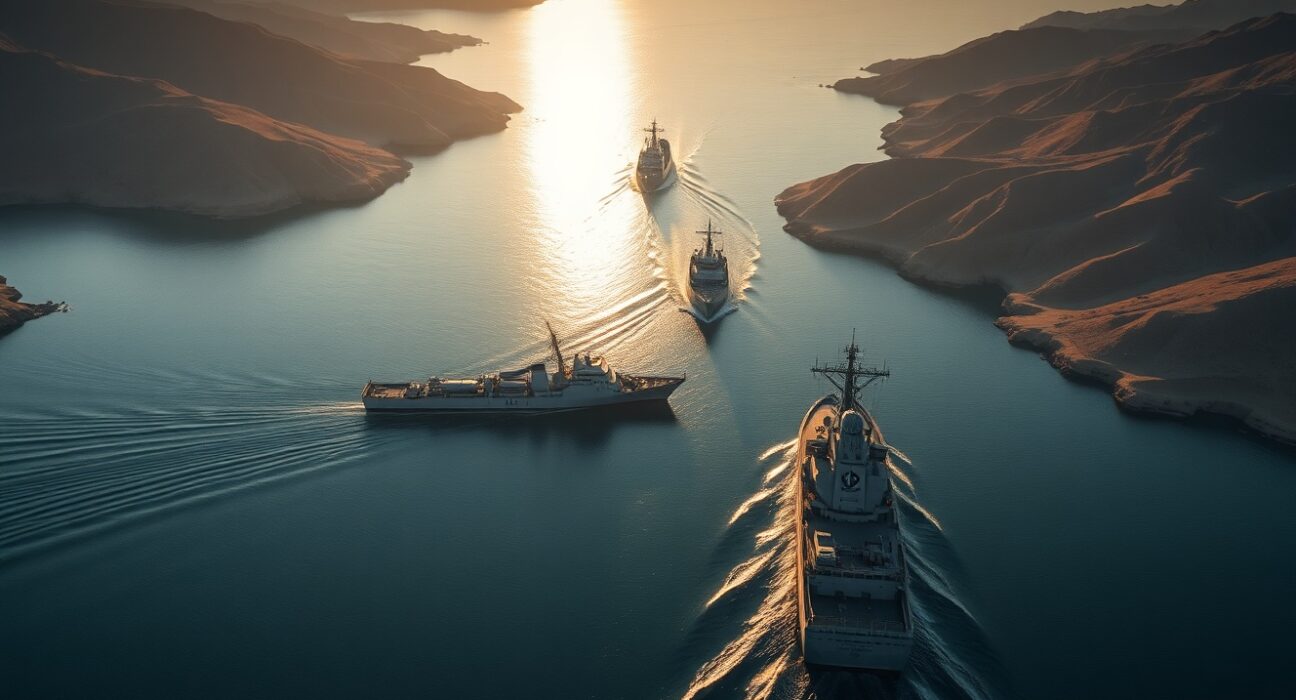 NATO warship patrolling the Strait of Hormuz at dawn with oil tanker in distance