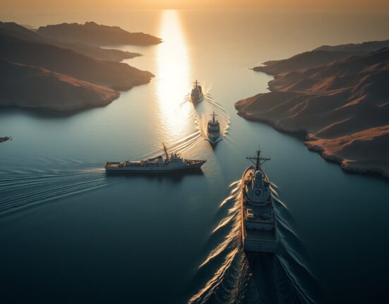 NATO warship patrolling the Strait of Hormuz at dawn with oil tanker in distance