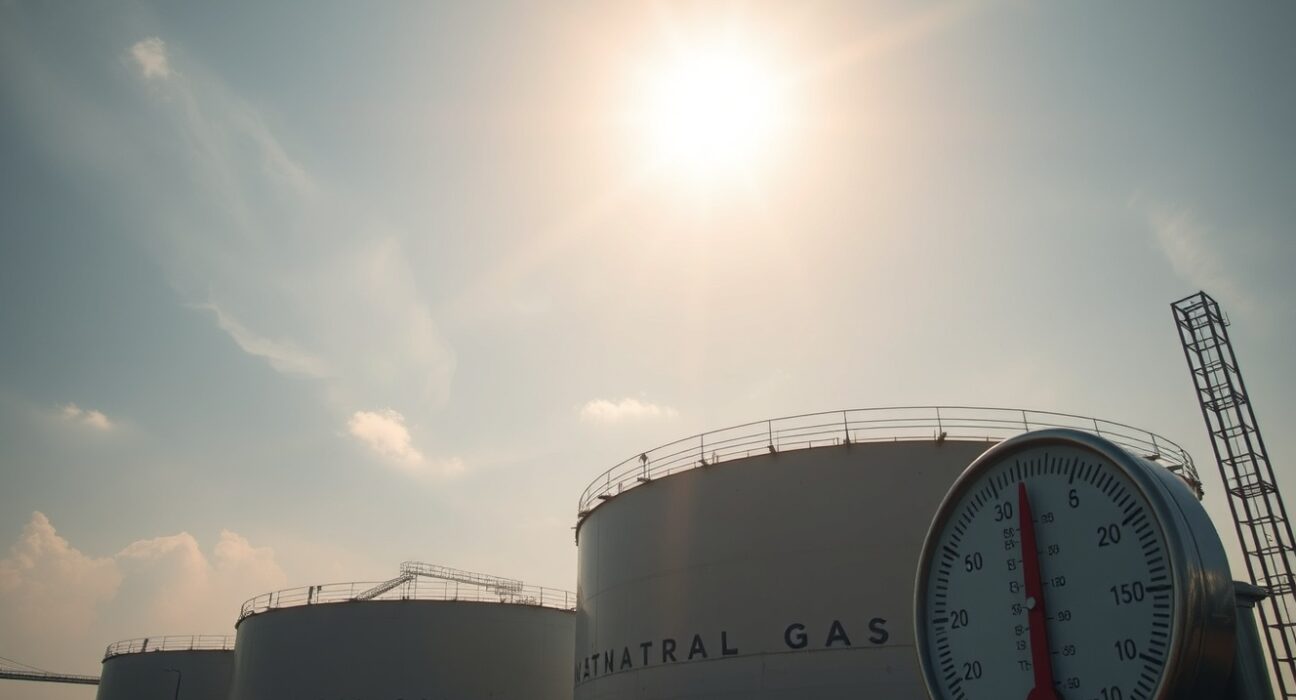 Natural gas storage facility under extreme heat, illustrating pressure on energy infrastructure.