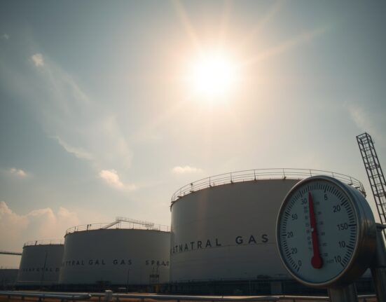 Natural gas storage facility under extreme heat, illustrating pressure on energy infrastructure.
