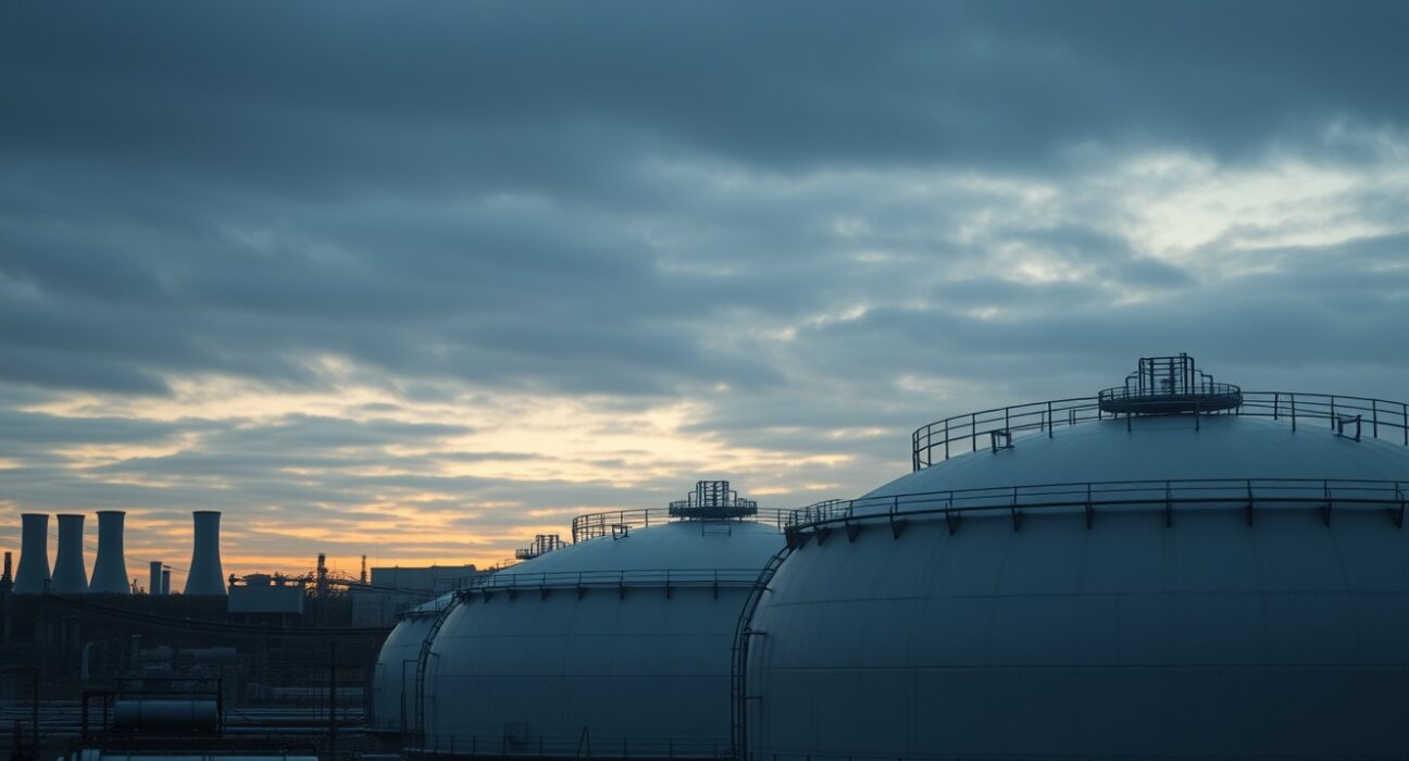 Natural gas storage facility at dusk with industrial tanks and piping under overcast sky