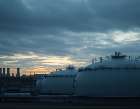Natural gas storage facility at dusk with industrial tanks and piping under overcast sky