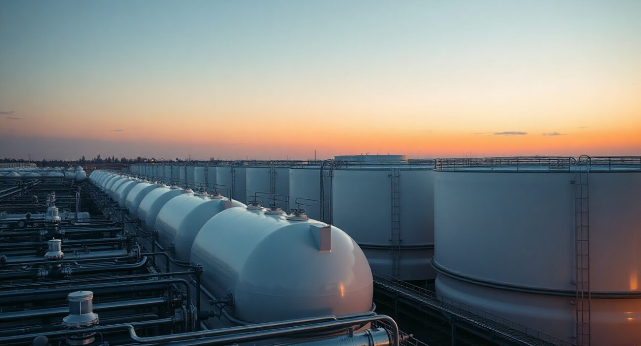 Aerial view of natural gas storage facility at dusk with spherical tanks and industrial infrastructure.