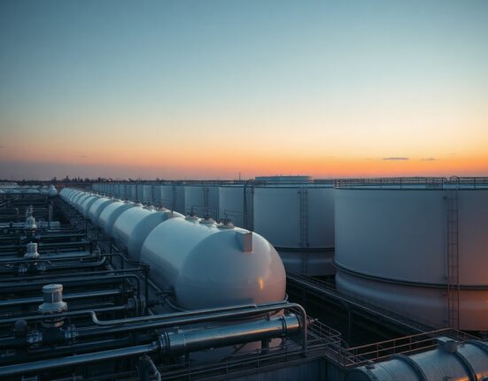 Aerial view of natural gas storage facility at dusk with spherical tanks and industrial infrastructure.