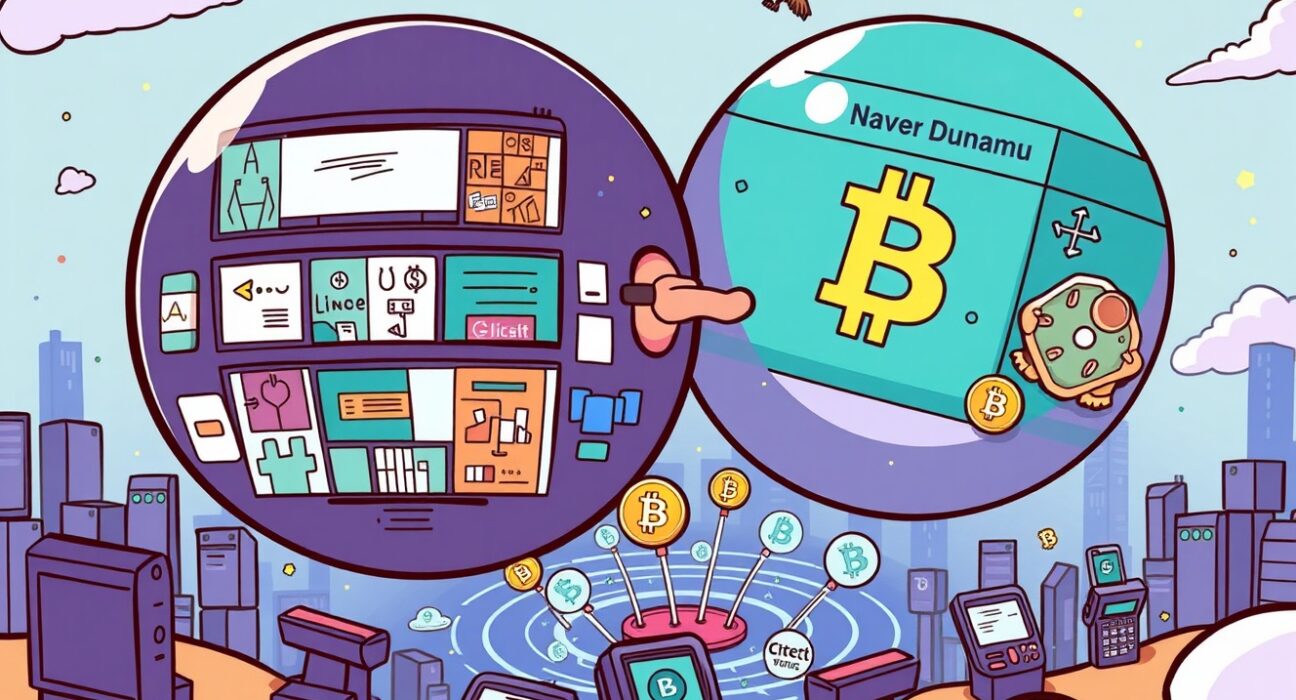 Cartoon illustrating the powerful synergy of a Naver Dunamu acquisition, disrupting payments and digital content markets.