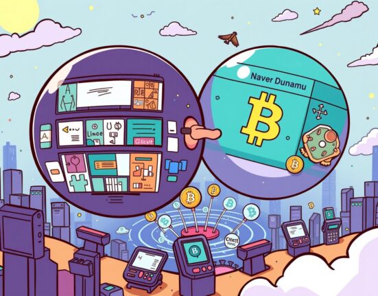 Cartoon illustrating the powerful synergy of a Naver Dunamu acquisition, disrupting payments and digital content markets.