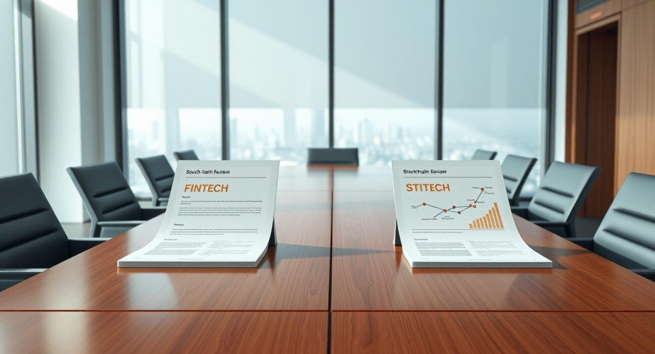 Corporate boardroom scene symbolizing the Naver-Dunamu merger review by South Korea's Fair Trade Commission.