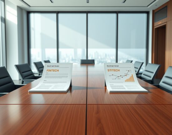 Corporate boardroom scene symbolizing the Naver-Dunamu merger review by South Korea's Fair Trade Commission.