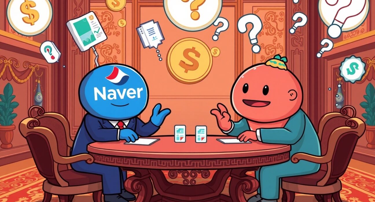 A cartoon illustration depicting ongoing, unconfirmed discussions about a Naver Dunamu merger and potential collaborations.