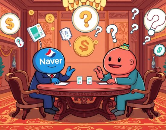 A cartoon illustration depicting ongoing, unconfirmed discussions about a Naver Dunamu merger and potential collaborations.