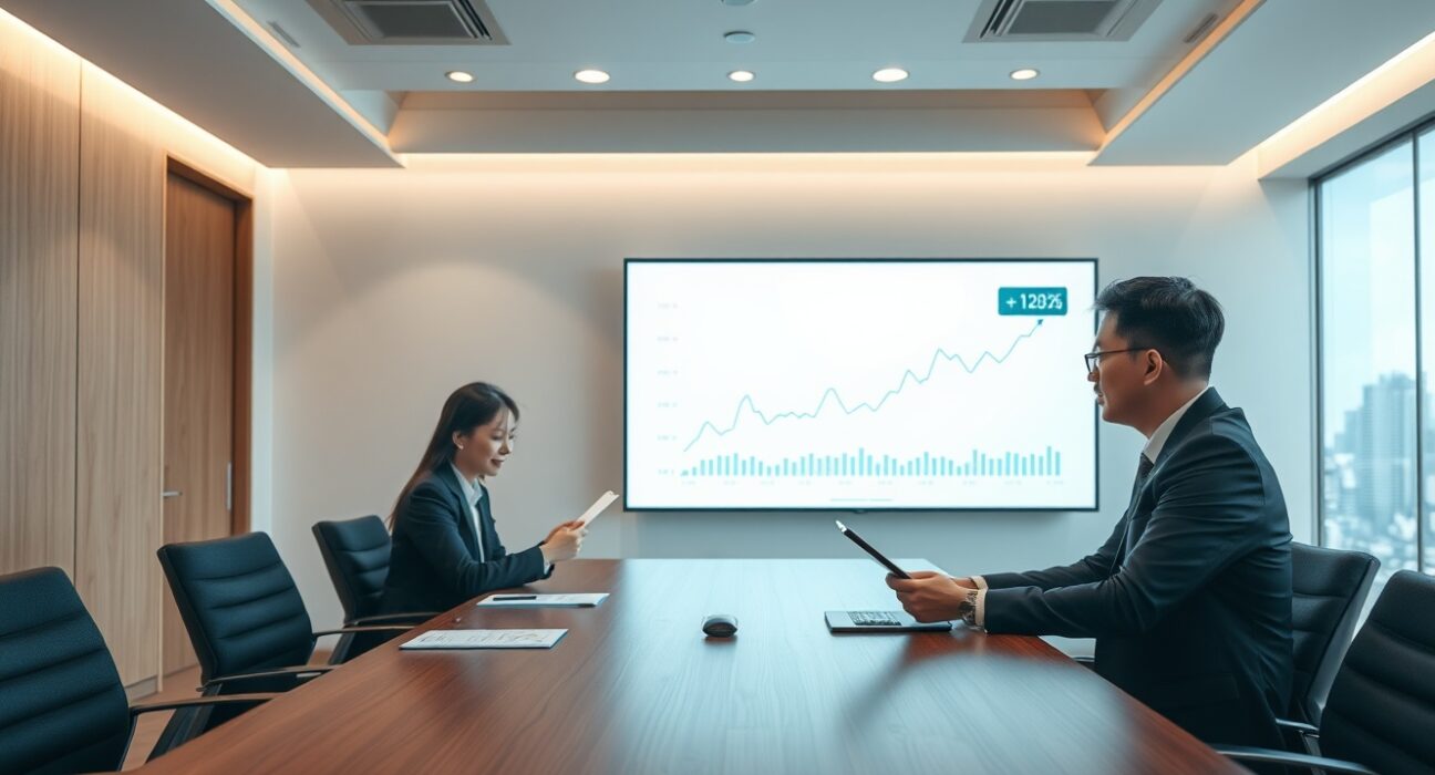 Two business professionals in a Seoul boardroom reviewing a stock swap agreement with a digital financial graph in the background.
