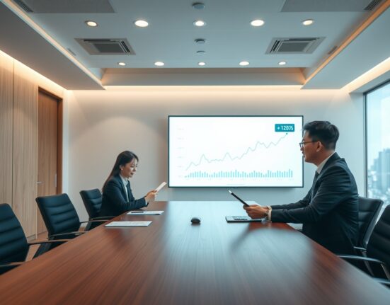 Two business professionals in a Seoul boardroom reviewing a stock swap agreement with a digital financial graph in the background.