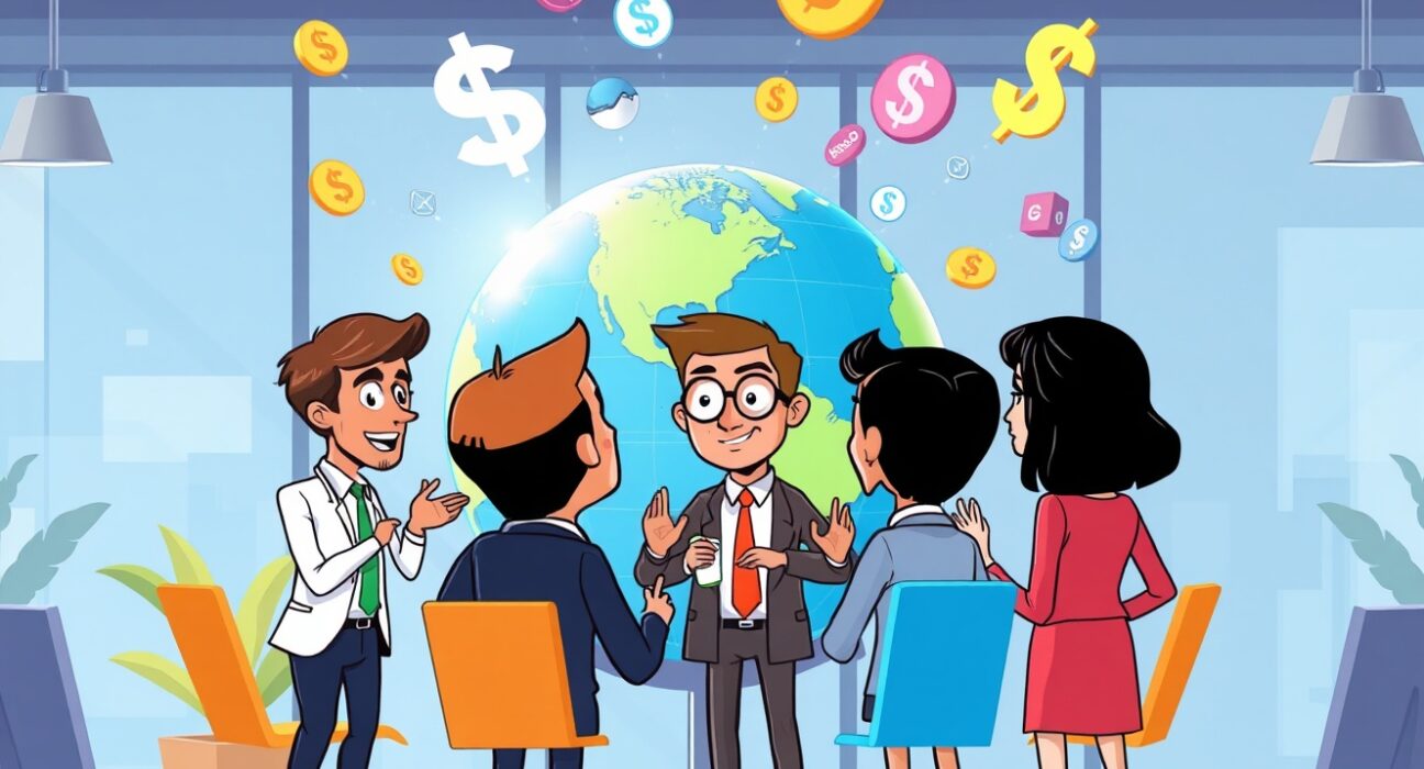 Corporate executives discussing Nasdaq listing options around digital financial dashboard