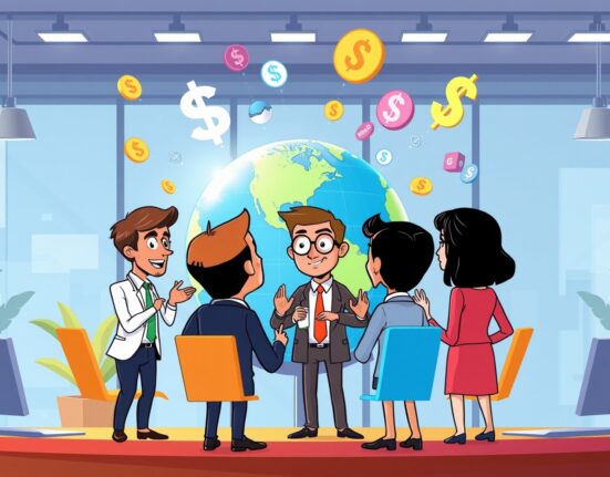 Corporate executives discussing Nasdaq listing options around digital financial dashboard