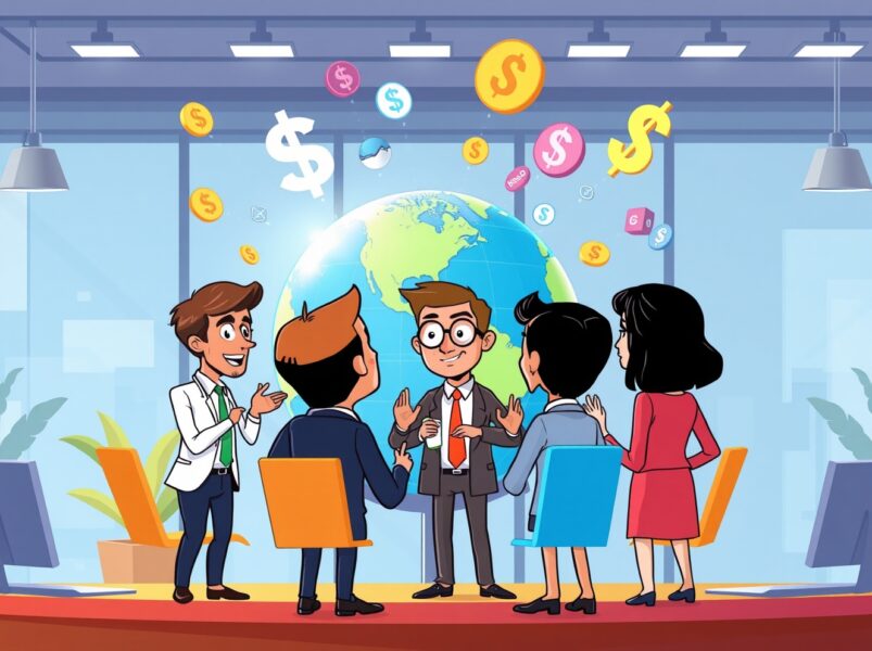 Corporate executives discussing Nasdaq listing options around digital financial dashboard