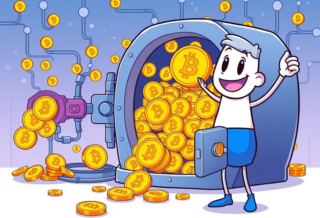 Cartoon illustration showing massive Navi Protocol BTC deposits flowing into a digital vault within the Sui ecosystem, symbolizing its growth.