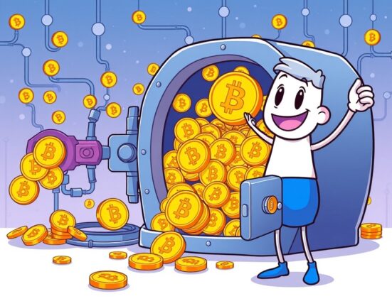 Cartoon illustration showing massive Navi Protocol BTC deposits flowing into a digital vault within the Sui ecosystem, symbolizing its growth.