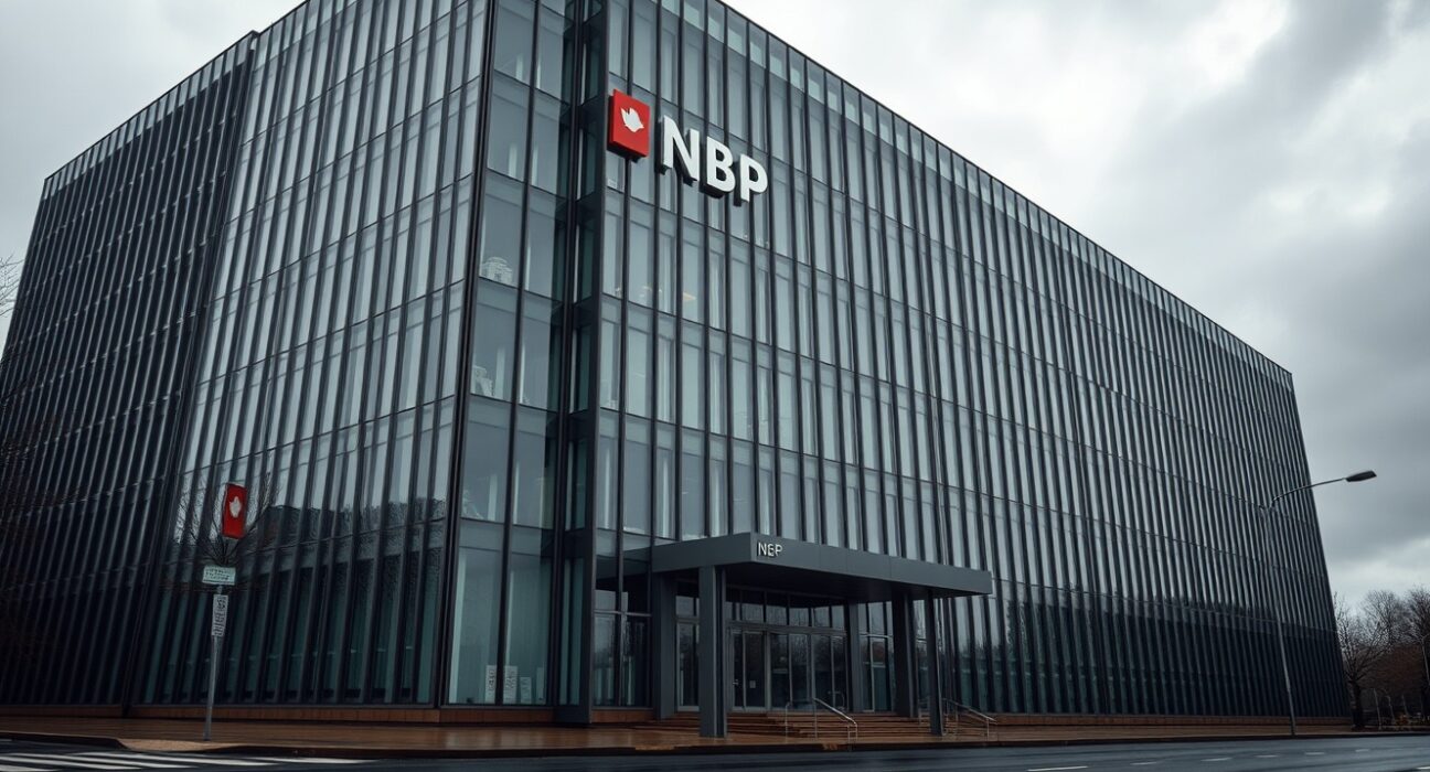 Narodowy Bank Polski headquarters in Warsaw on a cloudy day, representing monetary policy stance.