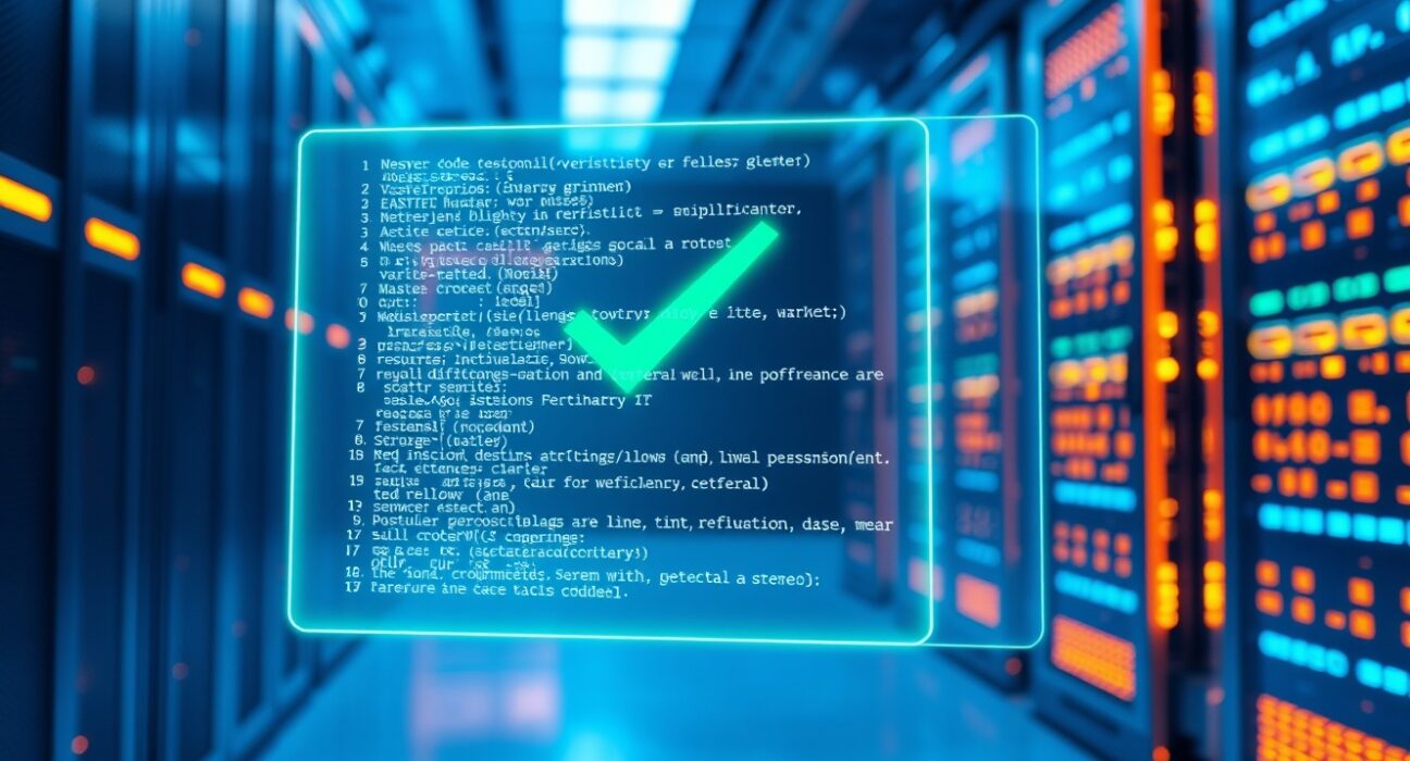 Holographic display of verified code in a modern data center representing blockchain security and formal verification.