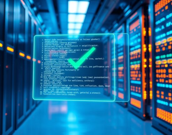Holographic display of verified code in a modern data center representing blockchain security and formal verification.
