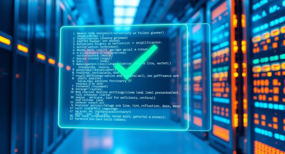 Holographic display of verified code in a modern data center representing blockchain security and formal verification.