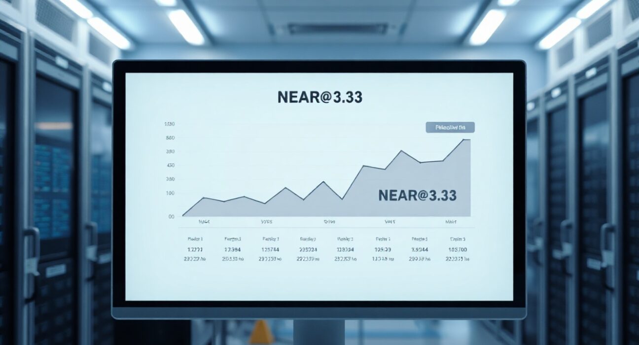 Digital dashboard showing NEAR@3.33 milestone network growth chart in a tech control room