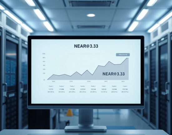 Digital dashboard showing NEAR@3.33 milestone network growth chart in a tech control room