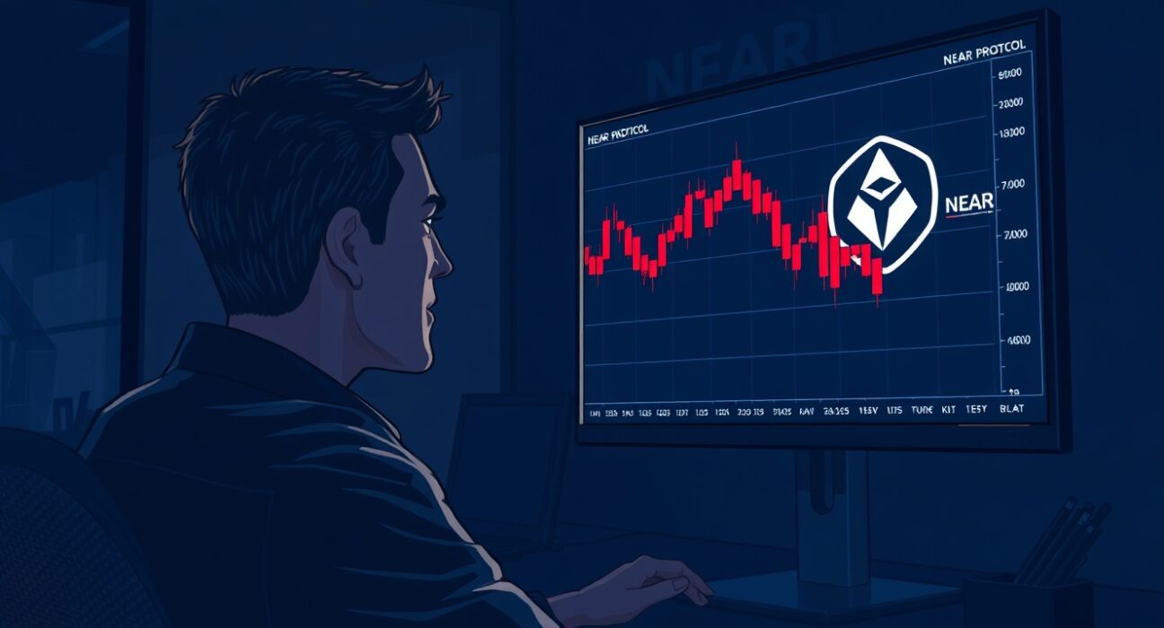 Trader analyzing a declining NEAR Protocol price chart on a monitor