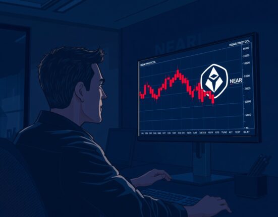 Trader analyzing a declining NEAR Protocol price chart on a monitor