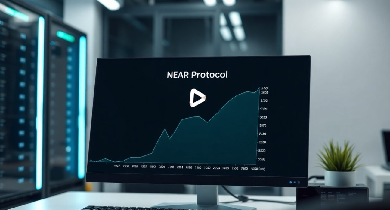 NEAR Protocol blockchain interface with a rising price chart in a modern tech workspace