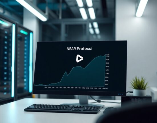 NEAR Protocol blockchain interface with a rising price chart in a modern tech workspace
