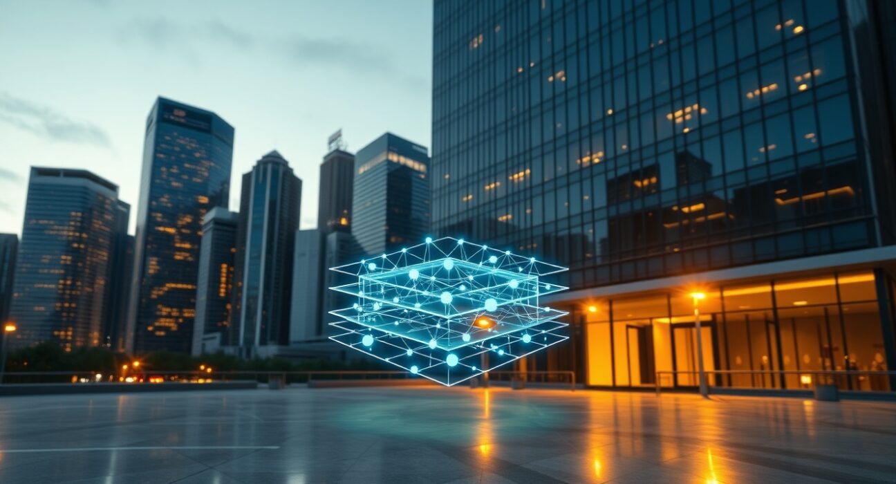 Futuristic city skyline with holographic blockchain network overlay representing Near Protocol technology