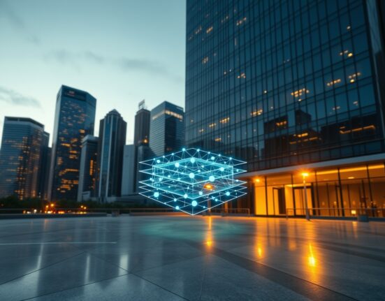 Futuristic city skyline with holographic blockchain network overlay representing Near Protocol technology