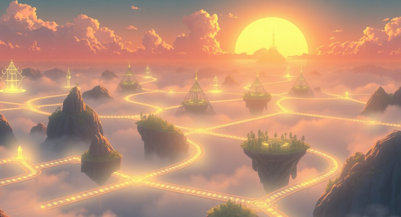 A Ghibli-style illustration representing the Near Protocol blockchain's interconnected, scalable network ecosystem.