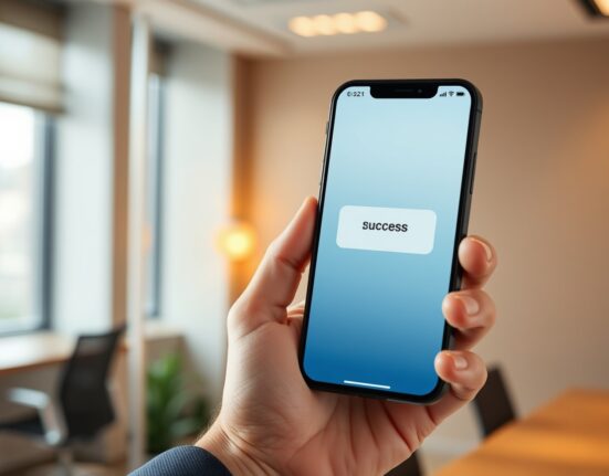 Smartphone displaying a payment confirmation interface with blockchain elements in the background