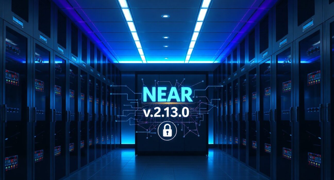 Near Protocol v2.13.0 upgrade interface displayed on a server room screen
