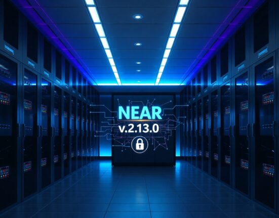 Near Protocol v2.13.0 upgrade interface displayed on a server room screen