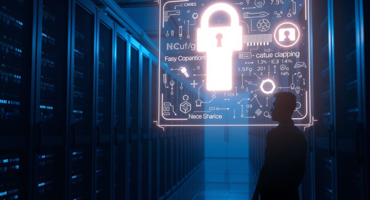 Holographic cryptographic display in a modern server room with a developer silhouette, representing quantum-resistant blockchain security.