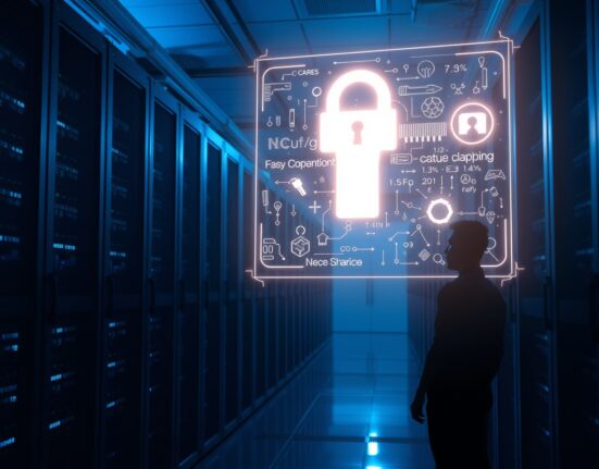 Holographic cryptographic display in a modern server room with a developer silhouette, representing quantum-resistant blockchain security.