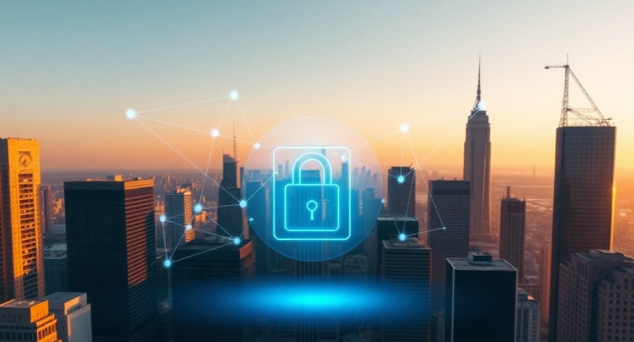Digital vault icon over a modern city skyline at dusk, symbolizing the NEAR Sovereign Fund proposal.