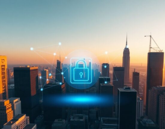 Digital vault icon over a modern city skyline at dusk, symbolizing the NEAR Sovereign Fund proposal.