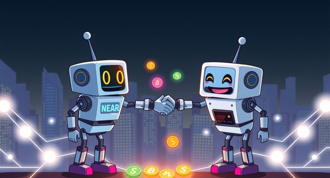 Cartoon illustration showing NEAR Protocol supported on Solana via a digital bridge for cross-chain transfers.