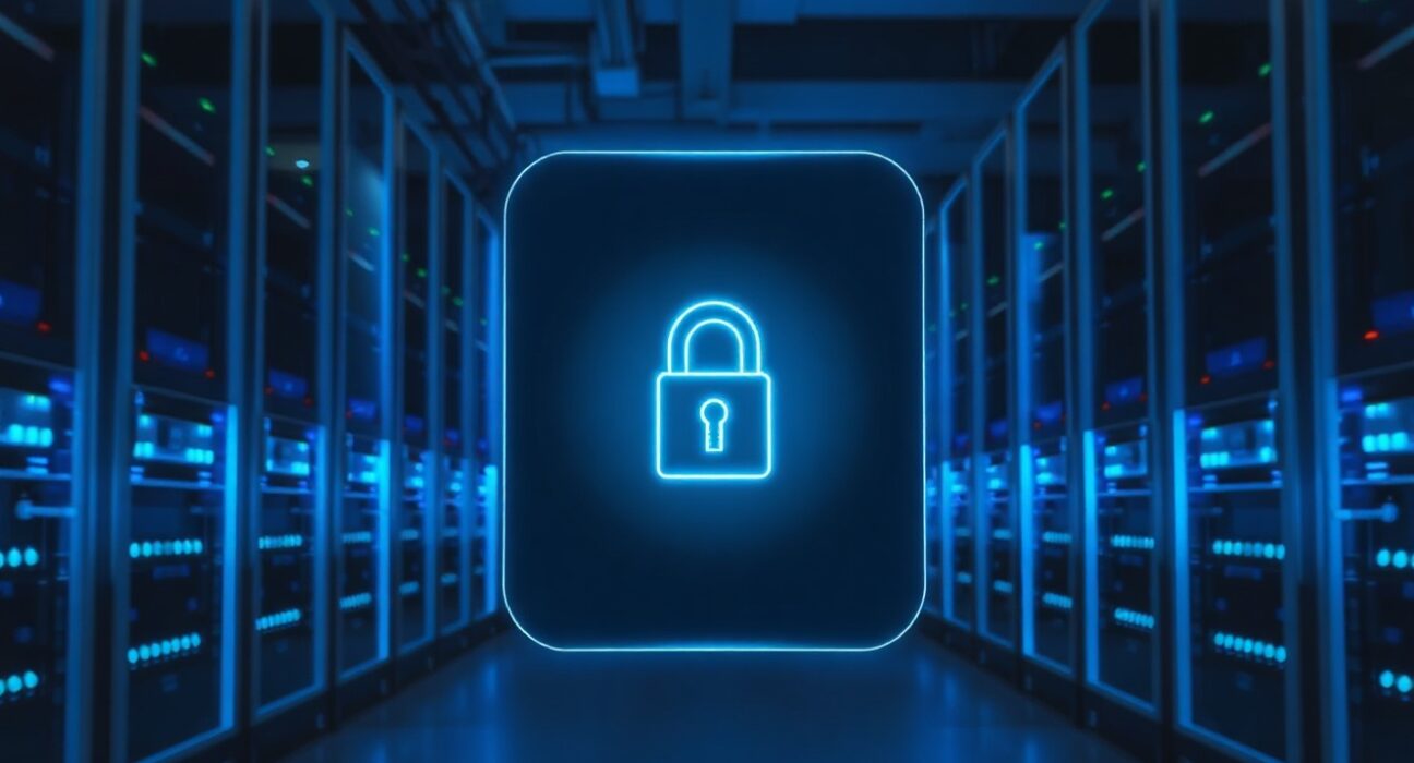 Secure data center with holographic digital key icon representing crypto custody technology.