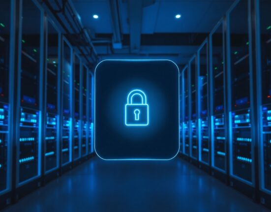 Secure data center with holographic digital key icon representing crypto custody technology.