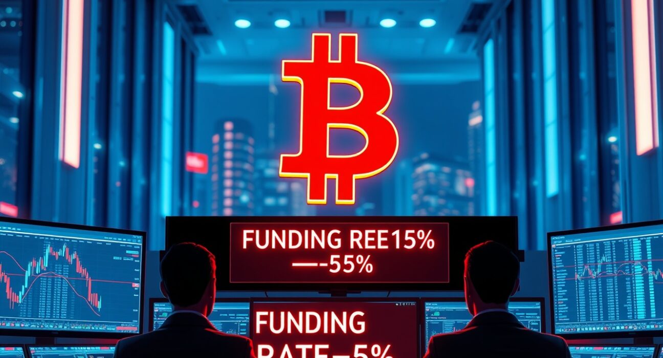 Bitcoin symbol and negative funding rate indicator on a professional trading floor, illustrating the persistent negative BTC funding rate phenomenon.