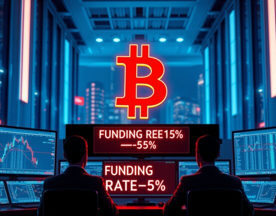 Bitcoin symbol and negative funding rate indicator on a professional trading floor, illustrating the persistent negative BTC funding rate phenomenon.