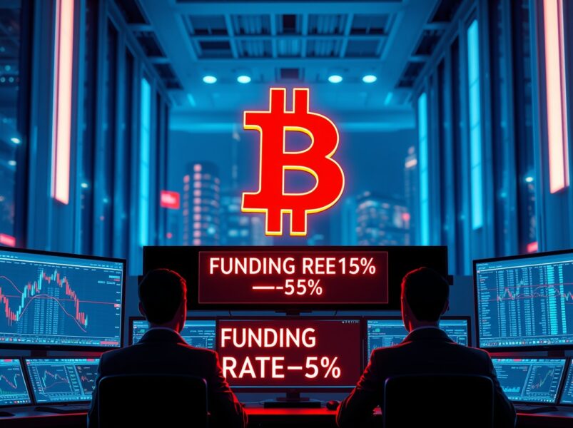 Bitcoin symbol and negative funding rate indicator on a professional trading floor, illustrating the persistent negative BTC funding rate phenomenon.
