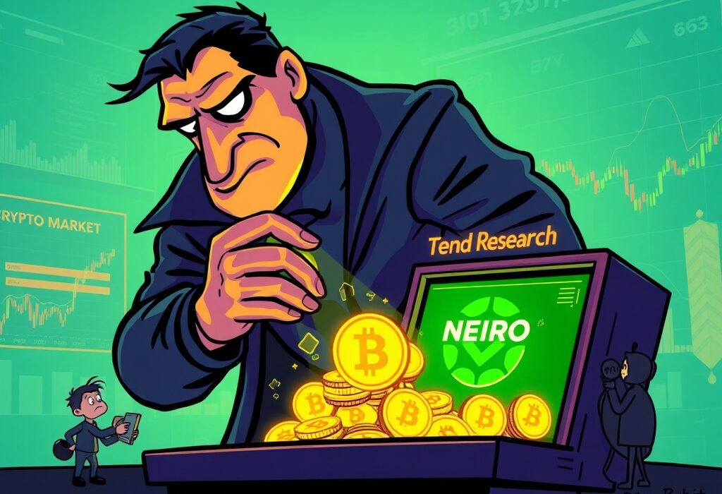 Cartoon illustration showing a large NEIRO deposit by Trend Research to Bybit, signaling potential market movement.