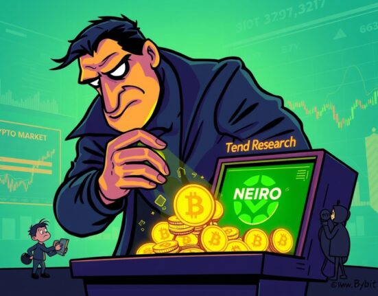 Cartoon illustration showing a large NEIRO deposit by Trend Research to Bybit, signaling potential market movement.