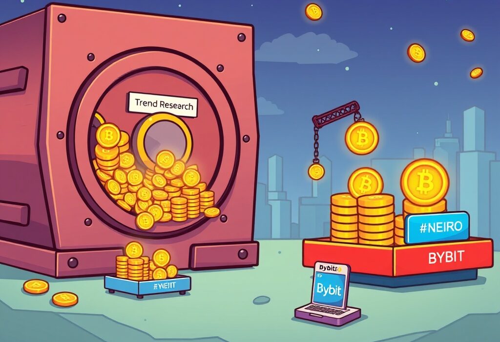 A cartoon illustration showing a large entity depositing NEIRO token into cryptocurrency exchanges, signaling significant market activity.